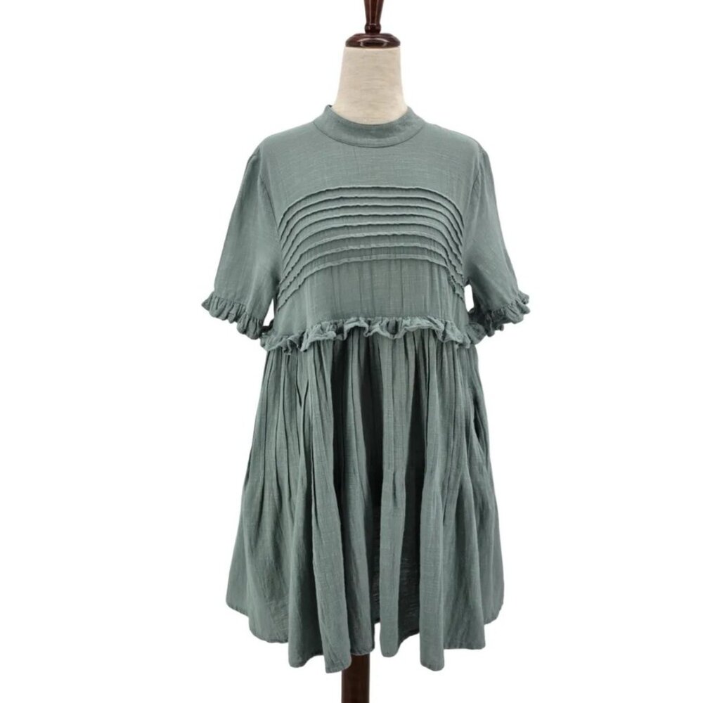 Free People Womens XS Dress Mini Baby Doll Sage Green Pleated Relaxed Fit Boho C